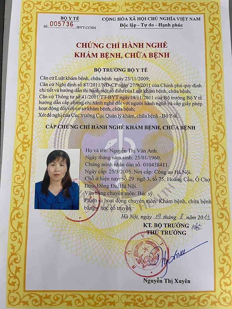 Giấy phép hành nghề của bác sĩ Nguyễn Thị Vân Anh