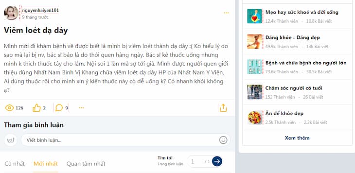 Nhiều bệnh nhân quan tâm tìm hiểu Nhất Nam Bình Vị Khang trị viêm loét dạ dày HP trên các diễn đàn