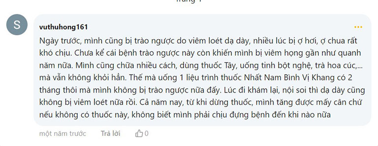 Phản hồi của bệnh nhân trào ngược dạ dày sau khi dùng Nhất Nam Bình Vị Khang Phản hồi của bệnh nhân trào ngược dạ dày sau khi dùng Nhất Nam Bình Vị Khang